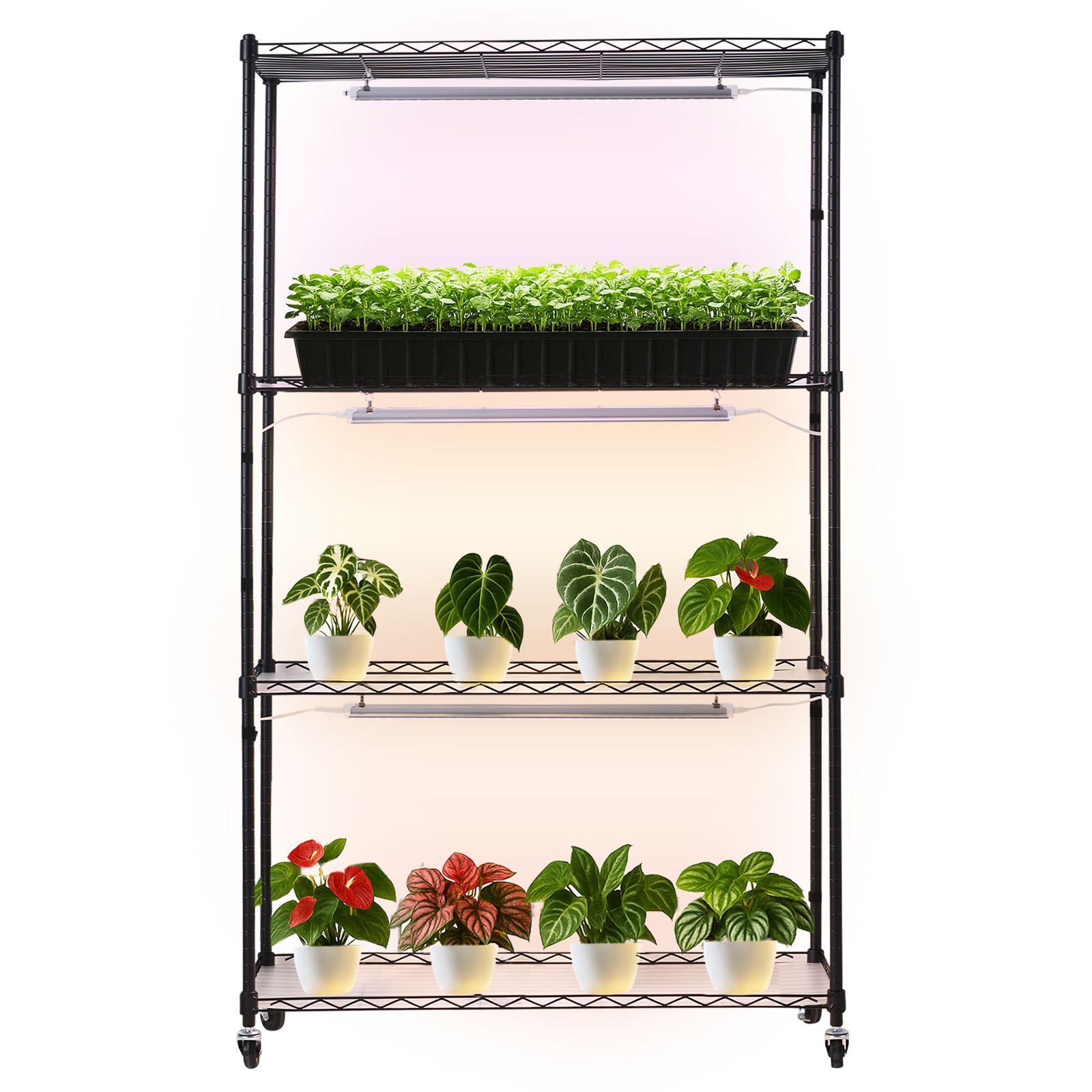 VEVOR Plant Shelf with Grow Light, 4-Tier Indoor Plant Stand, 150 cm Tall Plants Display Rack with Wheels, 90W 3-Color Full Spectrum Grow Lights, Heavy Duty Metal Flower Pot Holder for Seed Starting