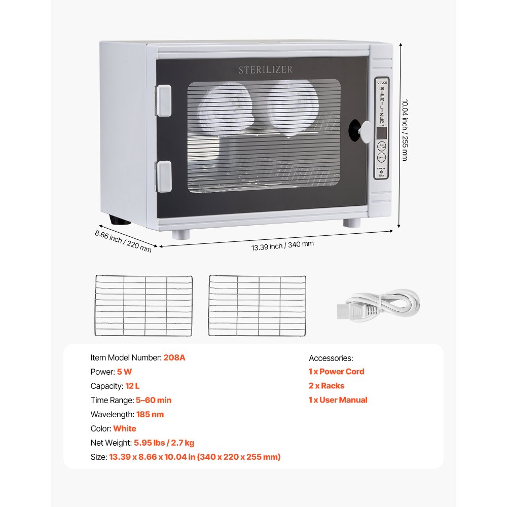 VEVOR UV Sterilisator Nagelwerkzeug-Reinigungsmaschine (12 L / 5 W) multifunktionale Nagelreiniger Sterilisator mit Timer-Einstellung, Reinigungskabinett mit Tür aus gehärtetem Glas, für Labore