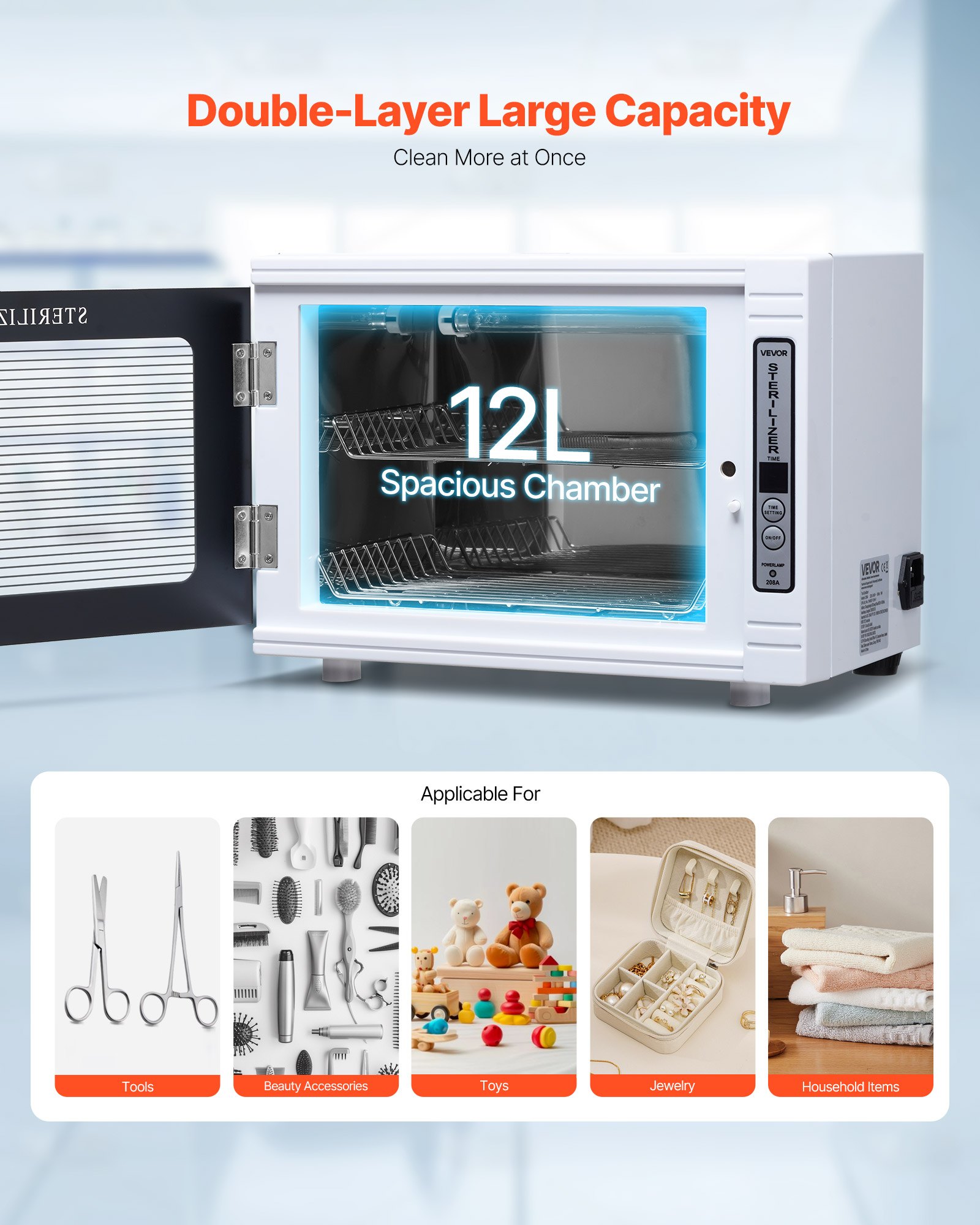 VEVOR UV Sterilisator Nagelwerkzeug-Reinigungsmaschine (12 L / 5 W) multifunktionale Nagelreiniger Sterilisator mit Timer-Einstellung, Reinigungskabinett mit Tür aus gehärtetem Glas, für Labore