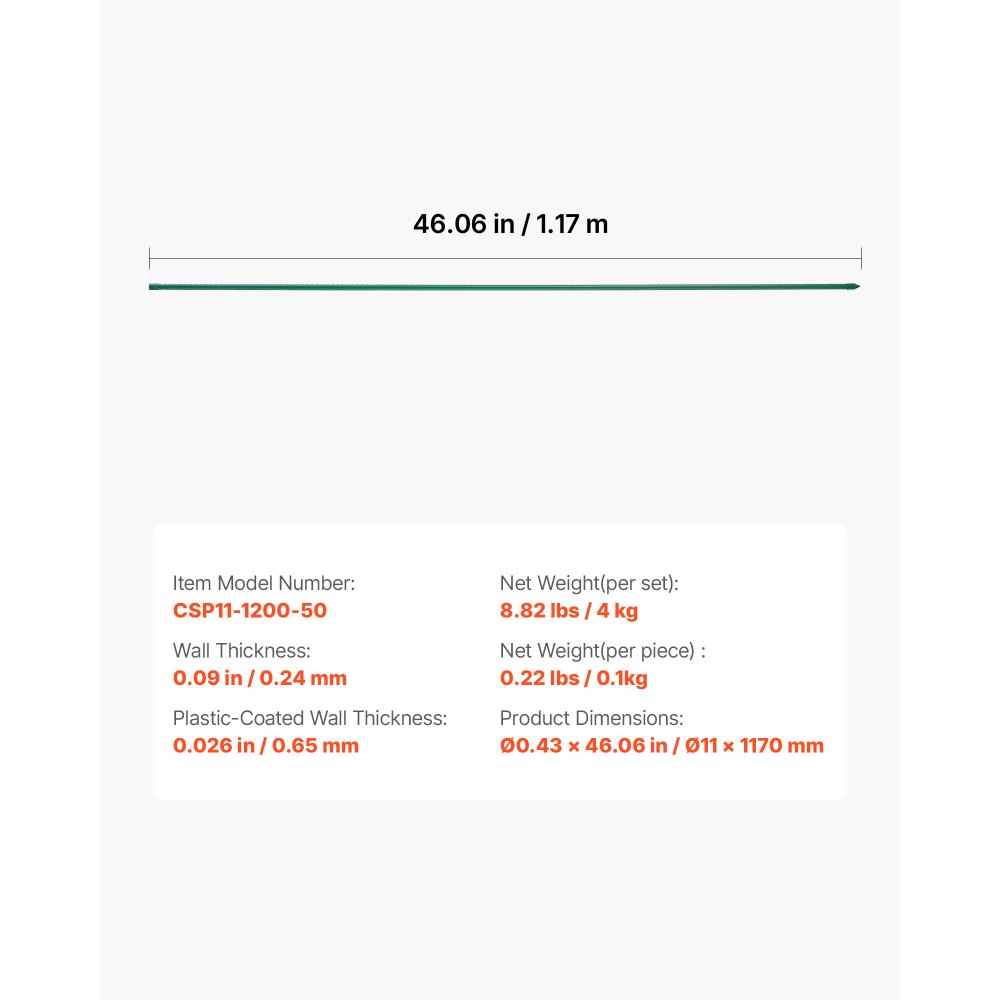 VEVOR Rankhilfe, 50er-Pack, Pflanzstab ⌀11x1170 mm, kunststoffbeschichtete Metall-Tomatenstäbe, Pflanzenstütze mit spitzem Ende & rutschfesten Noppen für den Anbau von Kletterpflanzen & Gemüse