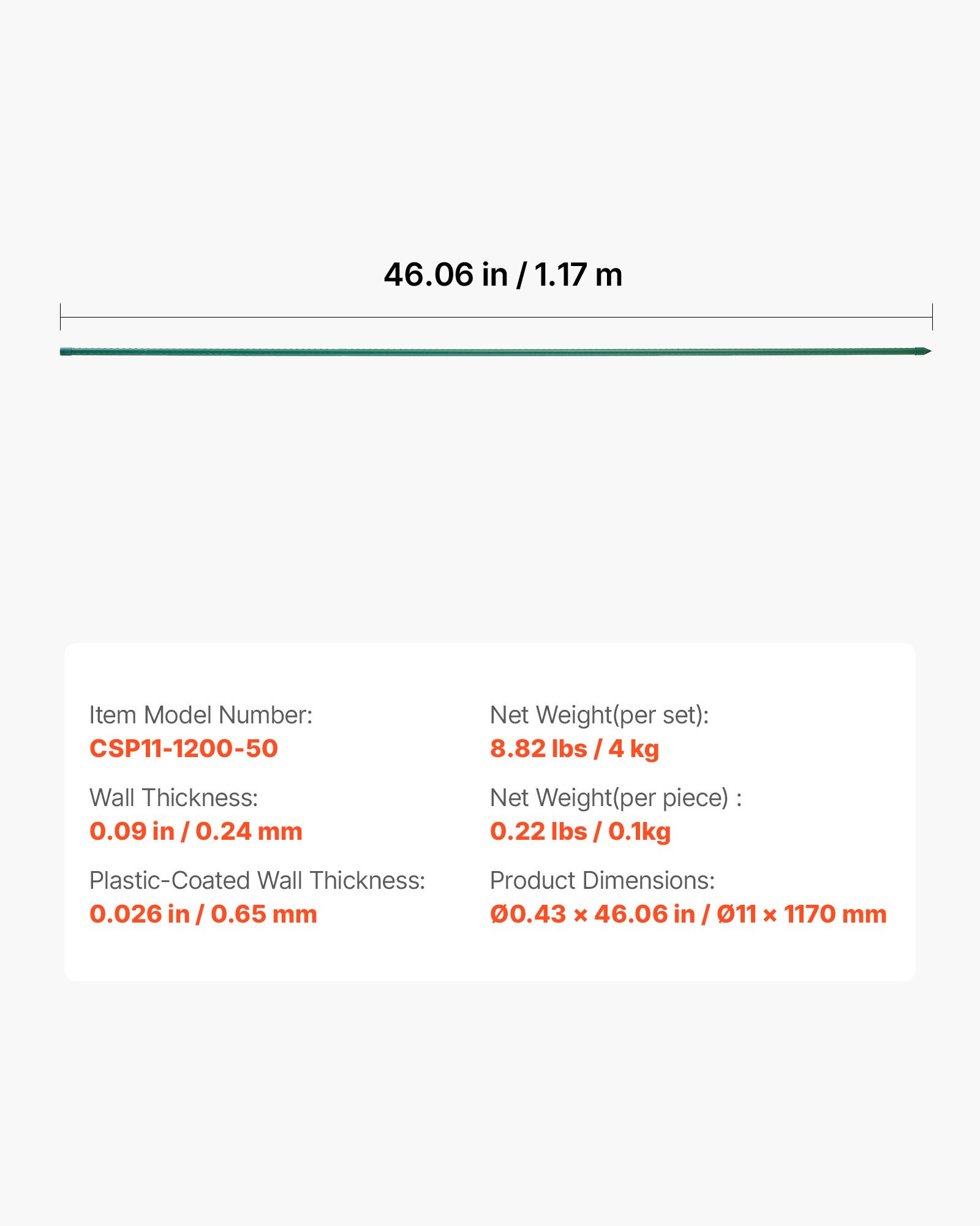 VEVOR Rankhilfe, 50er-Pack, Pflanzstab ⌀11x1170 mm, kunststoffbeschichtete Metall-Tomatenstäbe, Pflanzenstütze mit spitzem Ende & rutschfesten Noppen für den Anbau von Kletterpflanzen & Gemüse