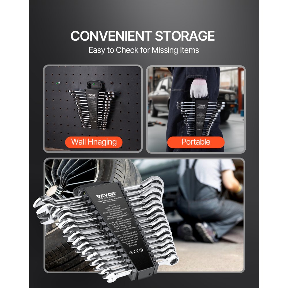 VEVOR 30-Piece Ratchet Wrench Set with Organizer Rack, Cr-V Steel Wrench Set SAE 1/4 to 1 inch, Metric 8 to 24 mm, Ideal for General Household, Garage, Workshop