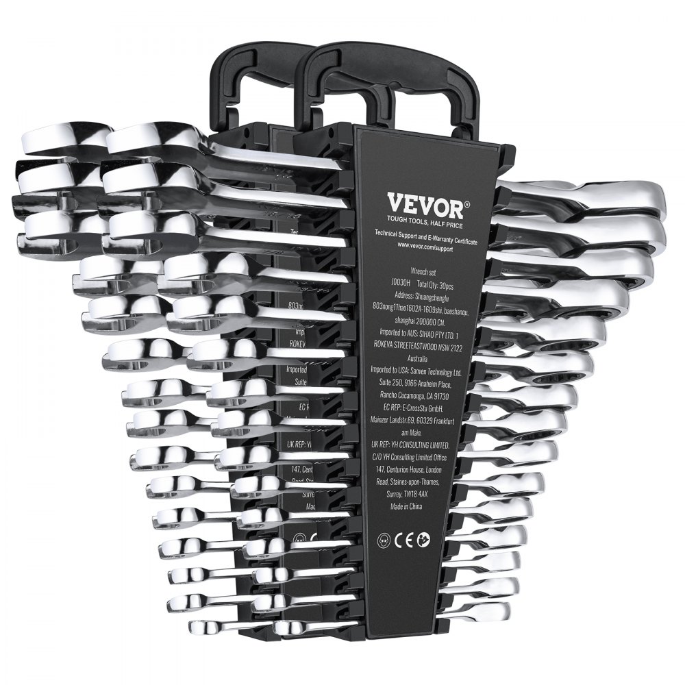 VEVOR 30-Piece Ratchet Wrench Set with Organizer Rack, Cr-V Steel Wrench Set SAE 1/4 to 1 inch, Metric 8 to 24 mm, Ideal for General Household, Garage, Workshop