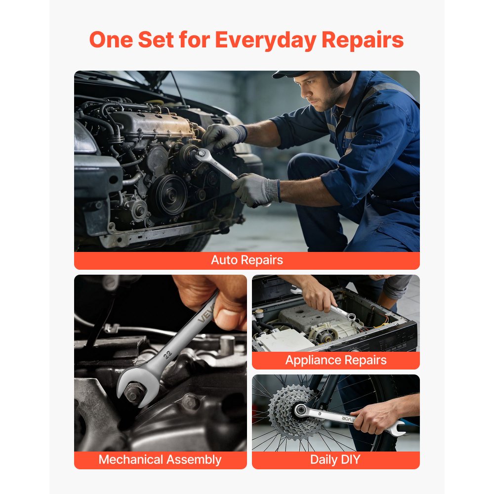 VEVOR Maulschlüsselset 32-tlg. (SAE & Metrisch), Gabelschlüsselsatz (12-Kant) Schraubenschlüsselset mit Rolltasche, Ringmaulschlüsselset aus Kohlenstoffstahl, für Allgemeine Kfz-Reparaturen