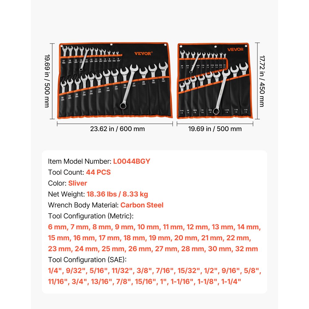 VEVOR Maulschlüsselset 44-tlg. (SAE & Metrisch), Gabelschlüsselsatz (12-Kant) Schraubenschlüsselset mit Rolltasche, Ringmaulschlüsselset aus Kohlenstoffstahl, für Allgemeine Kfz-Reparaturen