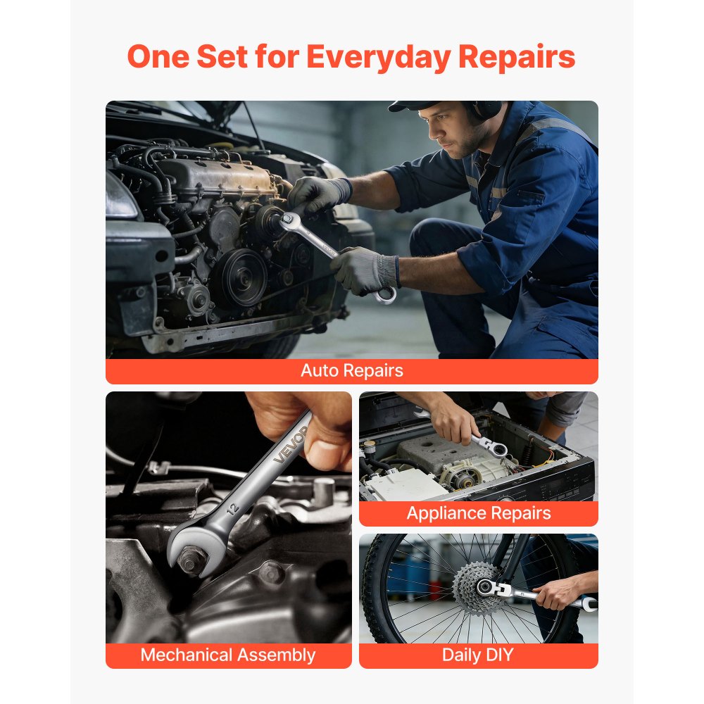 VEVOR Flex-Head Ratcheting Wrench Set, 24-Piece SAE and Metric, 72 Teeth, Cr-V Steel Ratchet Flexible Combination Wrench Set with Storage Case, for General Household and Automotive Repairs, Silver