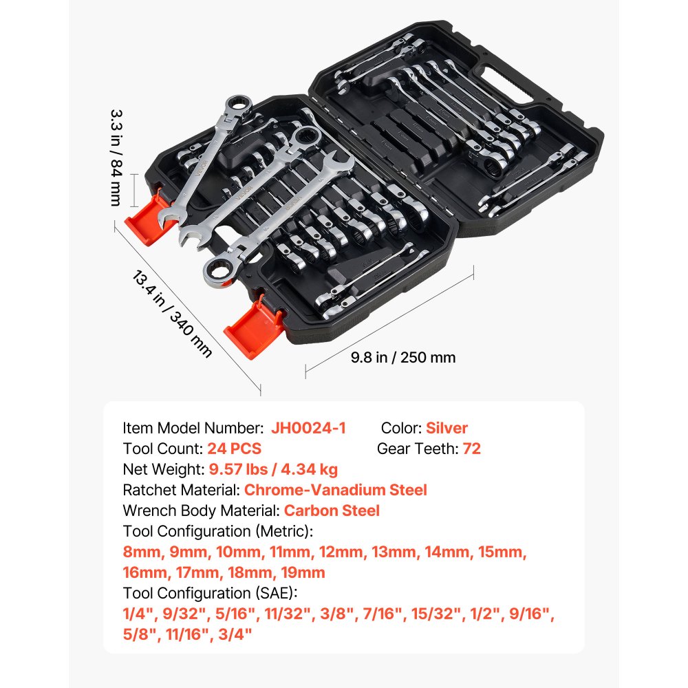 VEVOR Flex-Head Ratcheting Wrench Set, 24-Piece SAE and Metric, 72 Teeth, Cr-V Steel Ratchet Flexible Combination Wrench Set with Storage Case, for General Household and Automotive Repairs, Silver