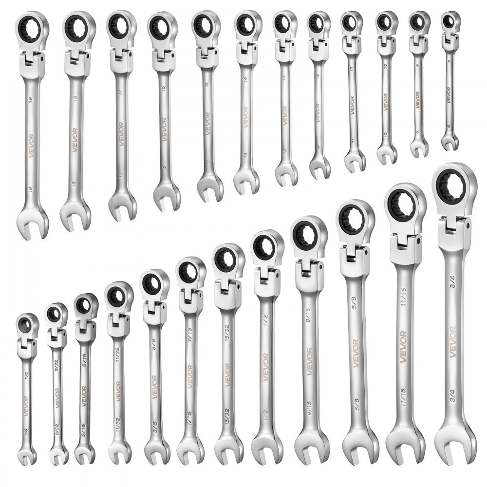 VEVOR Flex-Head Ratcheting Wrench Set, 24-Piece SAE and Metric, 72 Teeth, Cr-V Steel Ratchet Flexible Combination Wrench Set with Storage Case, for General Household and Automotive Repairs, Silver