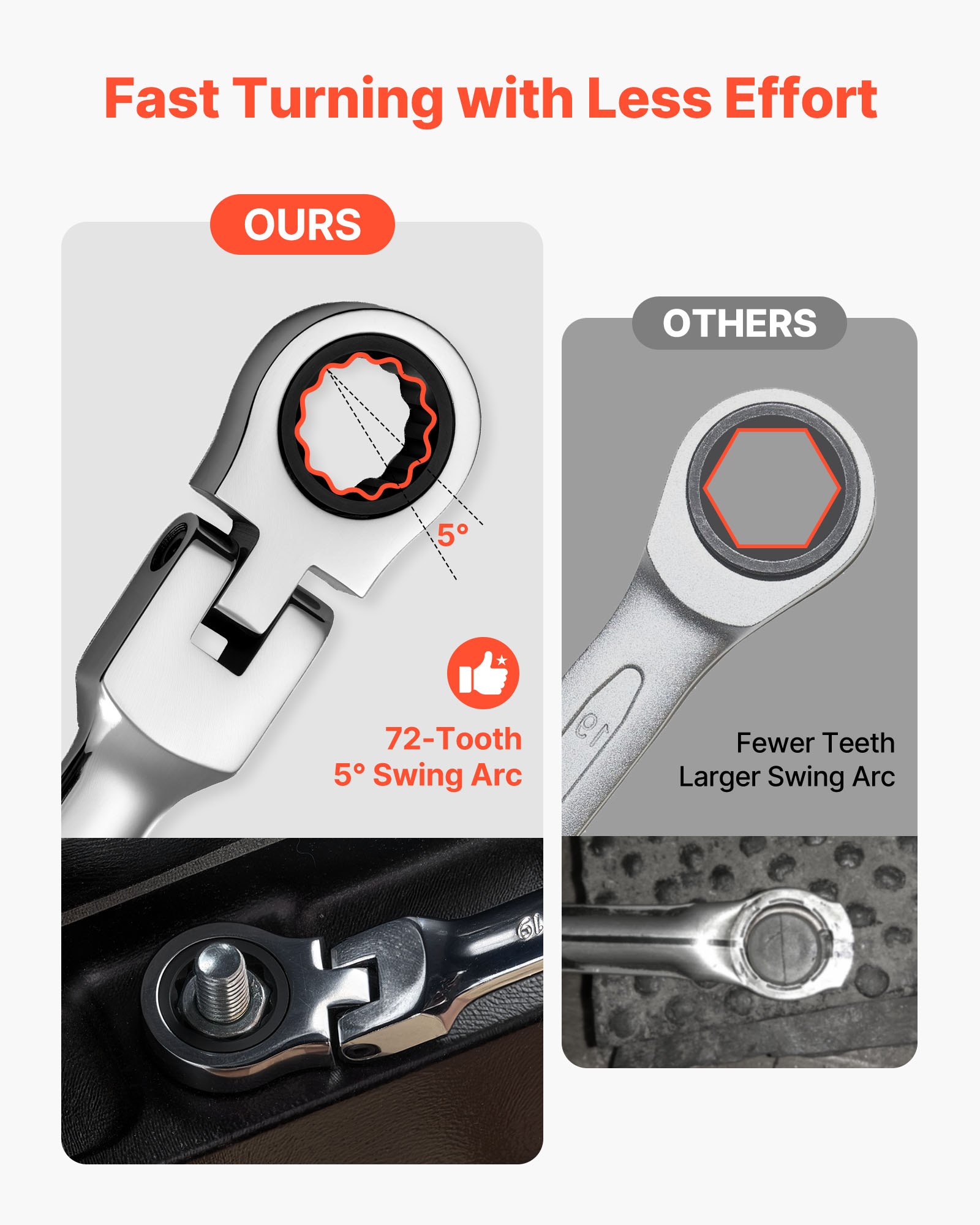 VEVOR Flex-Head Ratcheting Wrench Set, 24-Piece SAE and Metric, 72 Teeth, Cr-V Steel Ratchet Flexible Combination Wrench Set with Storage Case, for General Household and Automotive Repairs, Silver