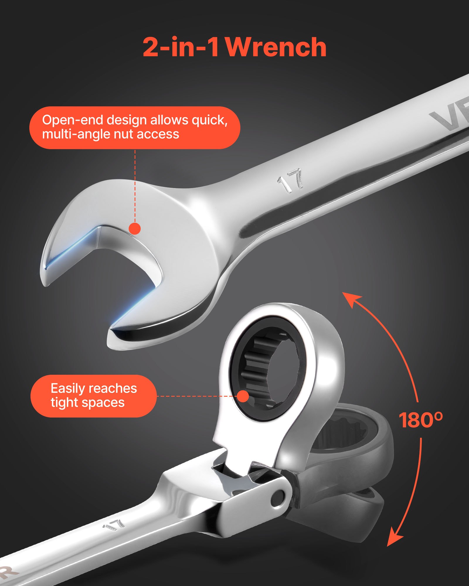 VEVOR Flex-Head Ratcheting Wrench Set, 24-Piece SAE and Metric, 72 Teeth, Cr-V Steel Ratchet Flexible Combination Wrench Set with Storage Case, for General Household and Automotive Repairs, Silver