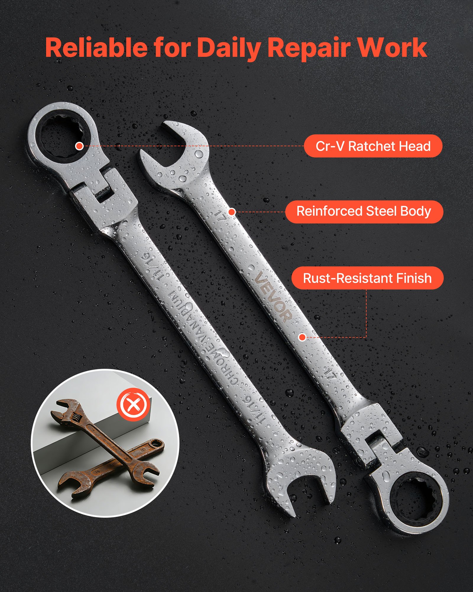 VEVOR Flex-Head Ratcheting Wrench Set, 24-Piece SAE and Metric, 72 Teeth, Cr-V Steel Ratchet Flexible Combination Wrench Set with Storage Case, for General Household and Automotive Repairs, Silver