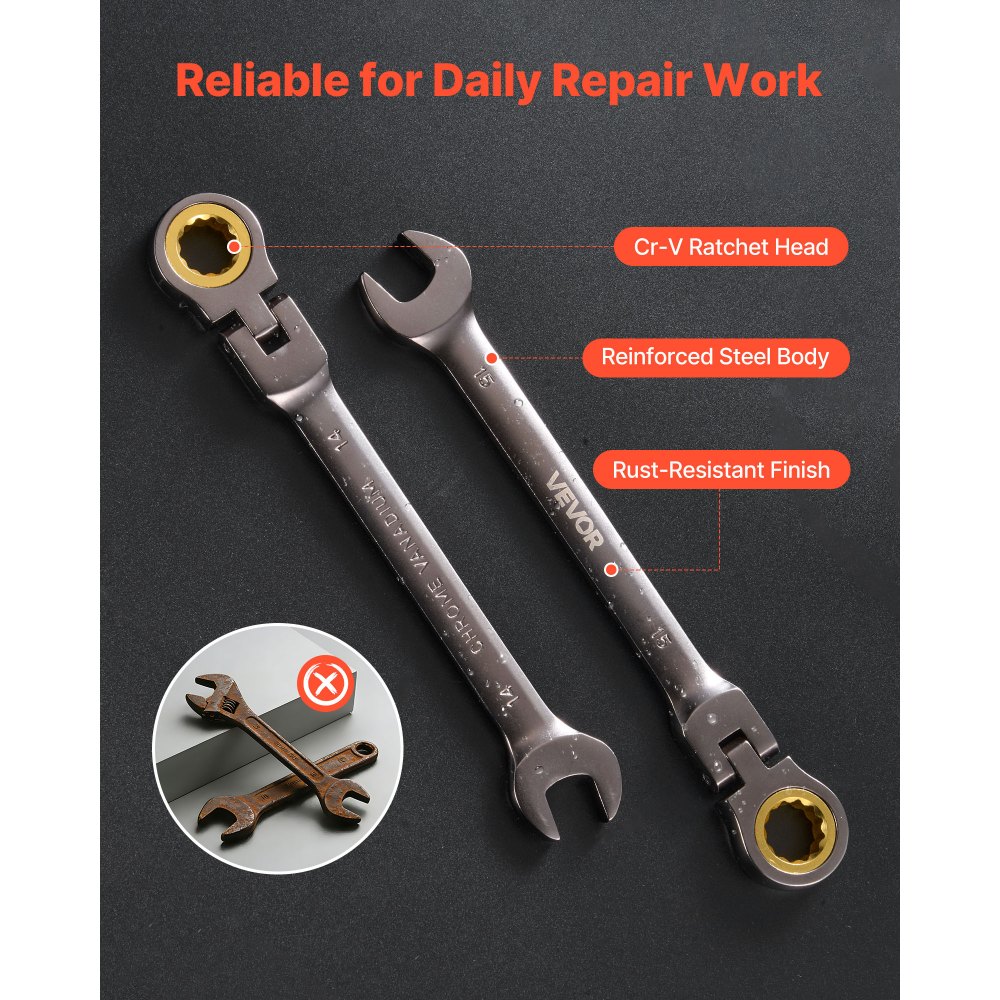 VEVOR Flex-Head Ratcheting Wrench Set, 24-Piece SAE and Metric, 72 Teeth, Cr-V Steel Ratchet Flexible Combination Wrench Set with Storage Case, for General Household, Automotive Repairs, Gray Nickel