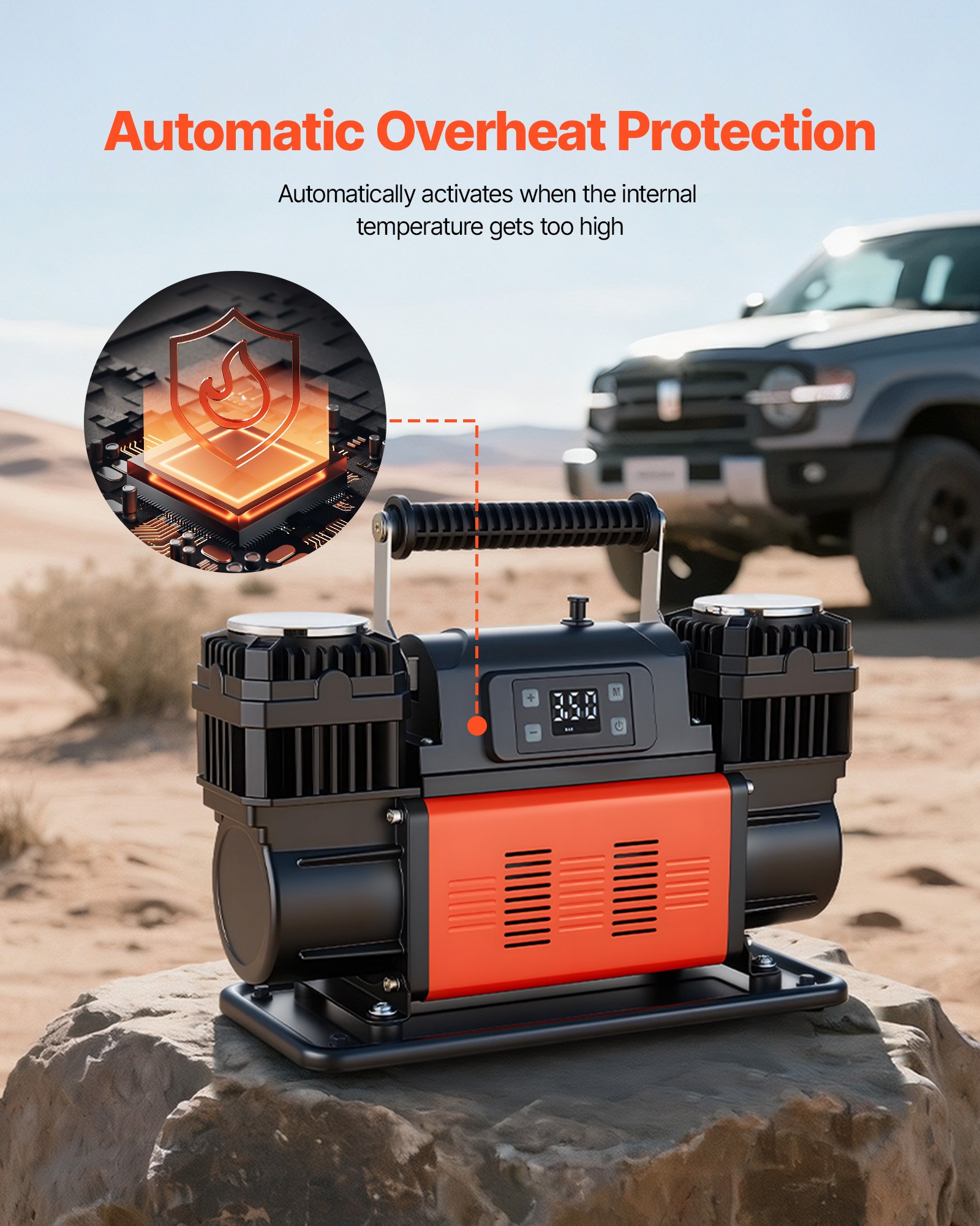 VEVOR Luftkompressor Zweizylinder, 300 L/min, Reifenfüller mit automatischer Abschaltung, 12 V, 10,3 bar, Offroad-Luftpumpe mit LCD-Digitalanzeige & Adaptern für LKW, PKW, SUV, Geländewagen & RV