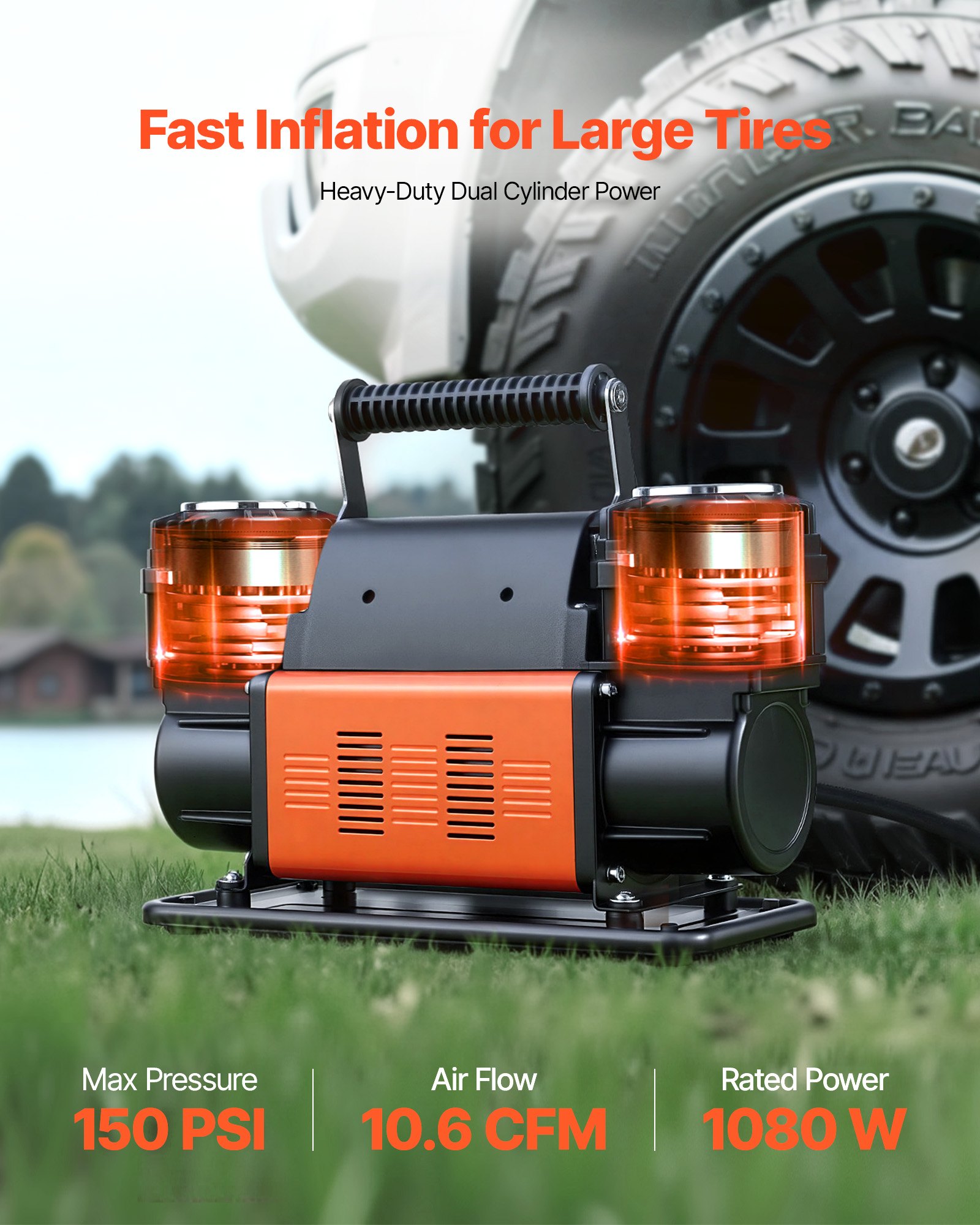 VEVOR Hochleistungs-Luftkompressor Zweizylinder, 300 L/min, tragbarer Reifenfüller, 12 V, 150 PSI, Offroad-Luftpumpe mit digitalem Manometer & Adaptern für LKW, PKW, SUV, Geländewagen & RV