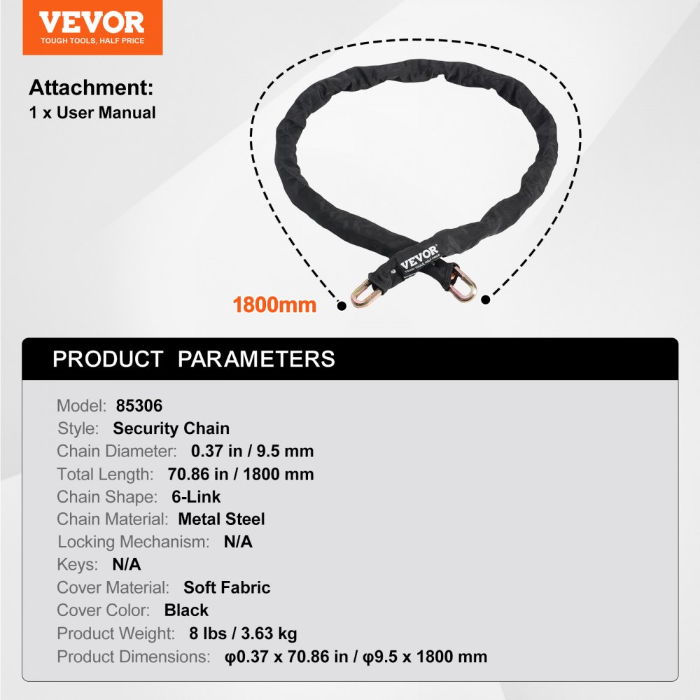 VEVOR Bicycle Chain Lock 1.8 m High Security Bicycle Chain Lock, Robust Anti-Theft Bicycle Lock Made of Metal Steel, Perfect for Bicycles, Motorcycles, Scooters, Doors, Fences, and Gates