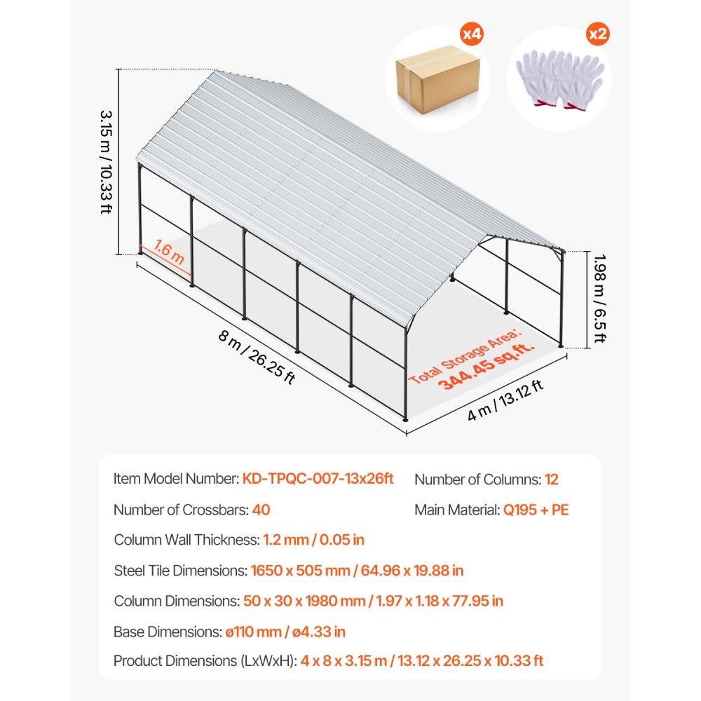 VEVOR Tent Garage, 4 x 8 x 3.15 m, Garage Tent, Carport with Steel Frame & Roof, Car Tent Garage Shade with Removable Side Walls, Multi-Purpose Car Shelter for Pickup Trucks, Boats, Cars & Tractors