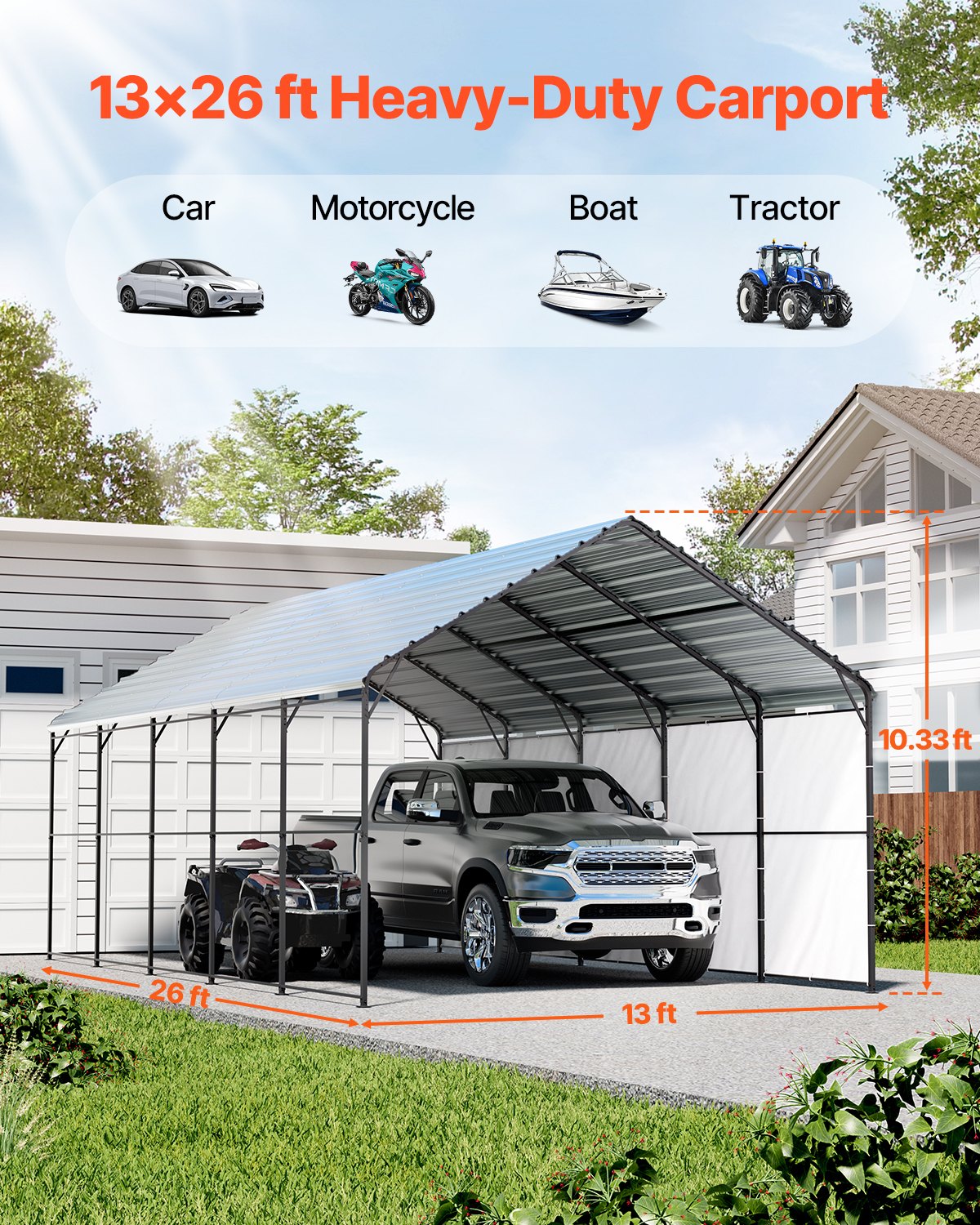 VEVOR Zeltgarage, 4 x 8 x 3,15 m, Garagenzelt, Carport mit Stahlrahmen & Dach, Autozelt-Garagenschatten mit abnehmbaren Seitenwänden, Mehrzweck-Autounterstand für Pickup, Boot, Auto & Traktoren
