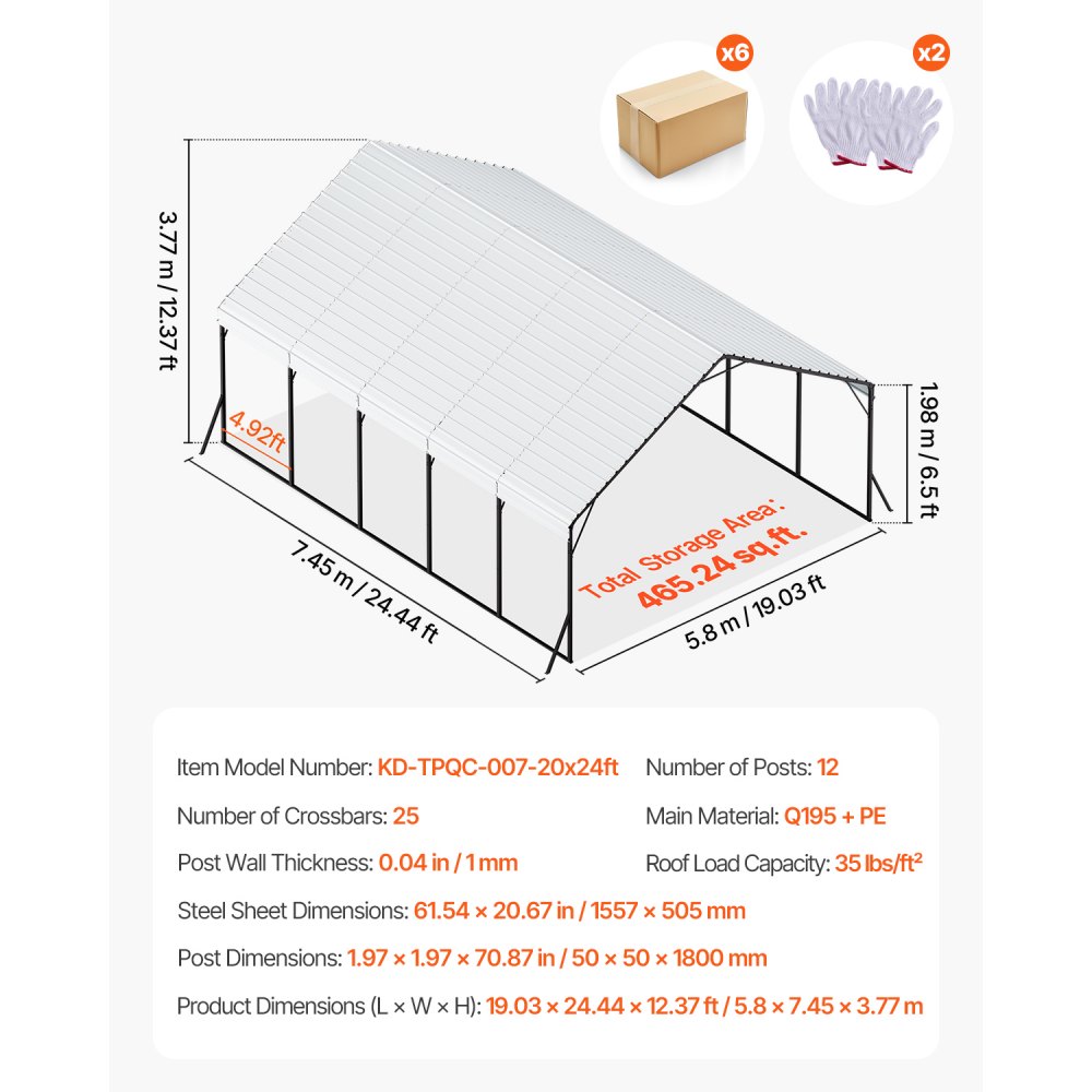 VEVOR Carport, 5,8x7,45x3,77 m, Lagerzelt mit stabilem Rahmen und Dach, Autounterstand mit abnehmbaren Seitenwänden, Mehrzweck-Garagezelt für Pickup, Boot, LKW und Traktoren