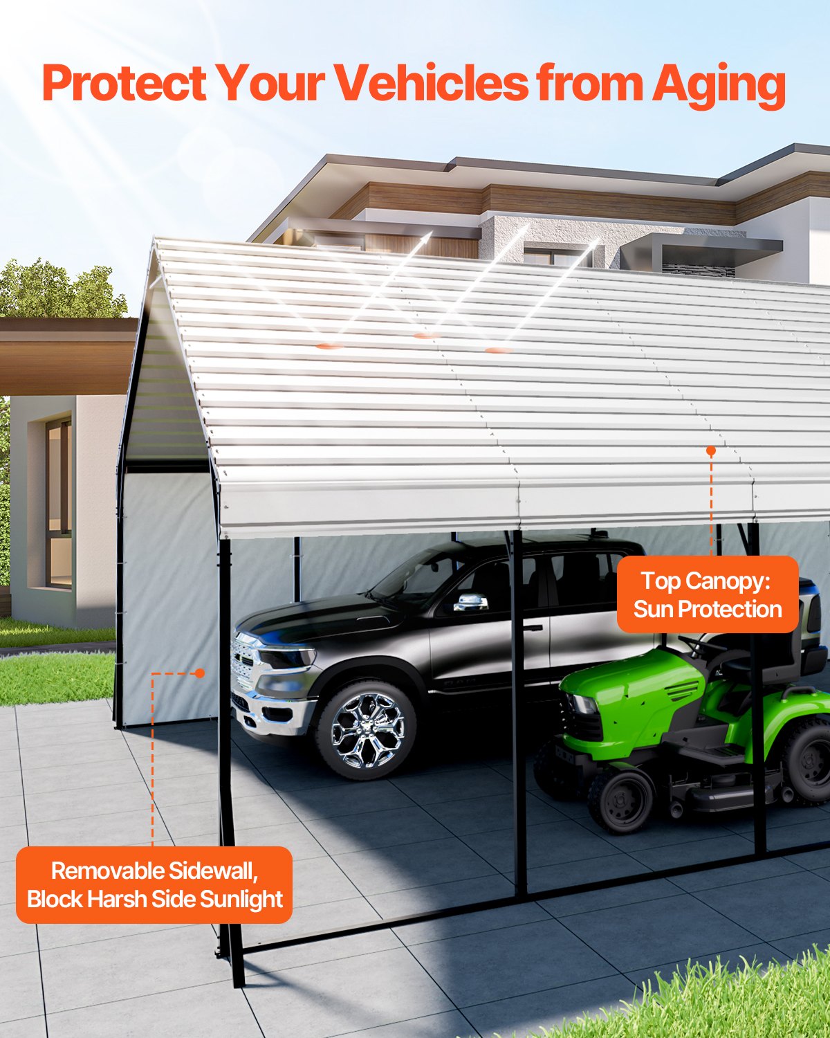 VEVOR Heavy Duty Metal Carport, 5.8 x 7.45 x 3.77 m Outdoor Carport with Sturdy Frame & Roof, Car Garage Shade with Removable Sidewalls, Multi-Use Car Shelter for Pickup, Boat, Trucks & Tractors