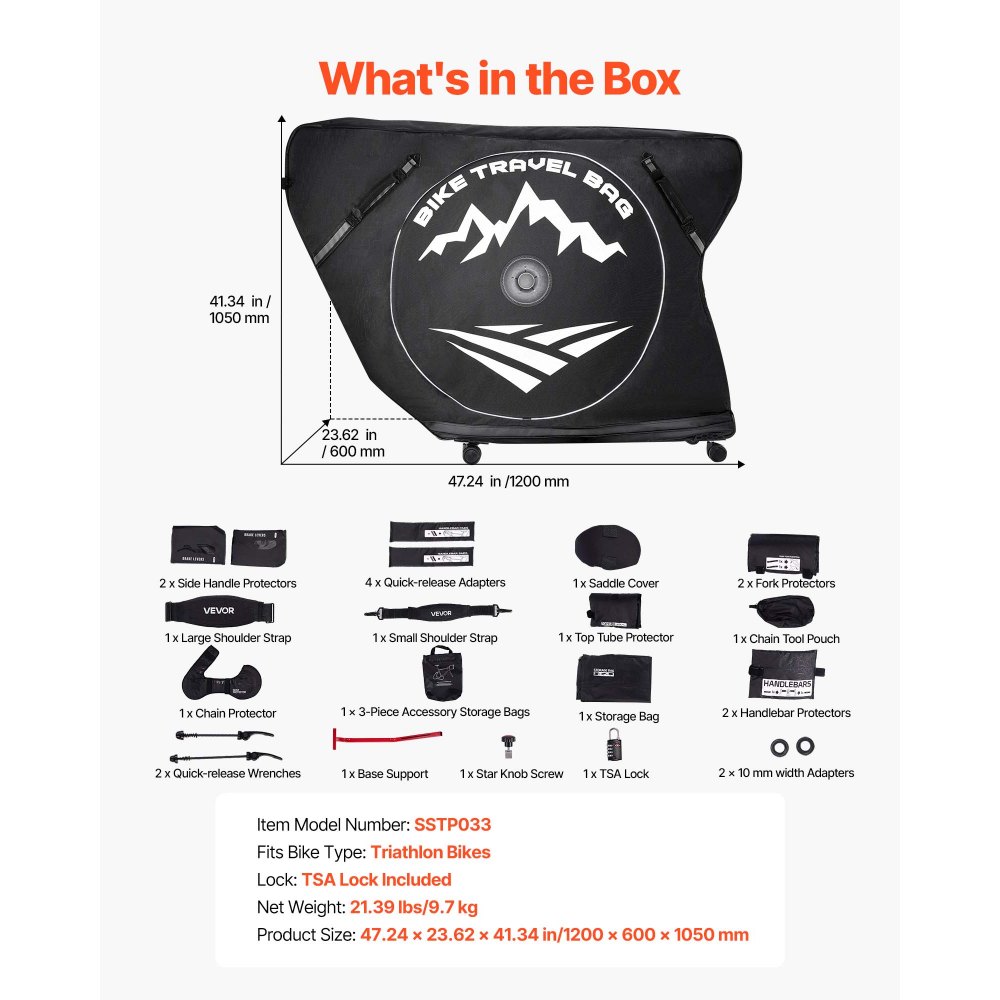 VEVOR Triathlon Bike Travel Bag, Transport Bicycle Storage Carry Bag with TSA Lock & Dual Zipper, Triathlon Bicycle Case Max. Wheelbase 106 cm for Travel, Outdoor Use, Train Airplane Subway Transport