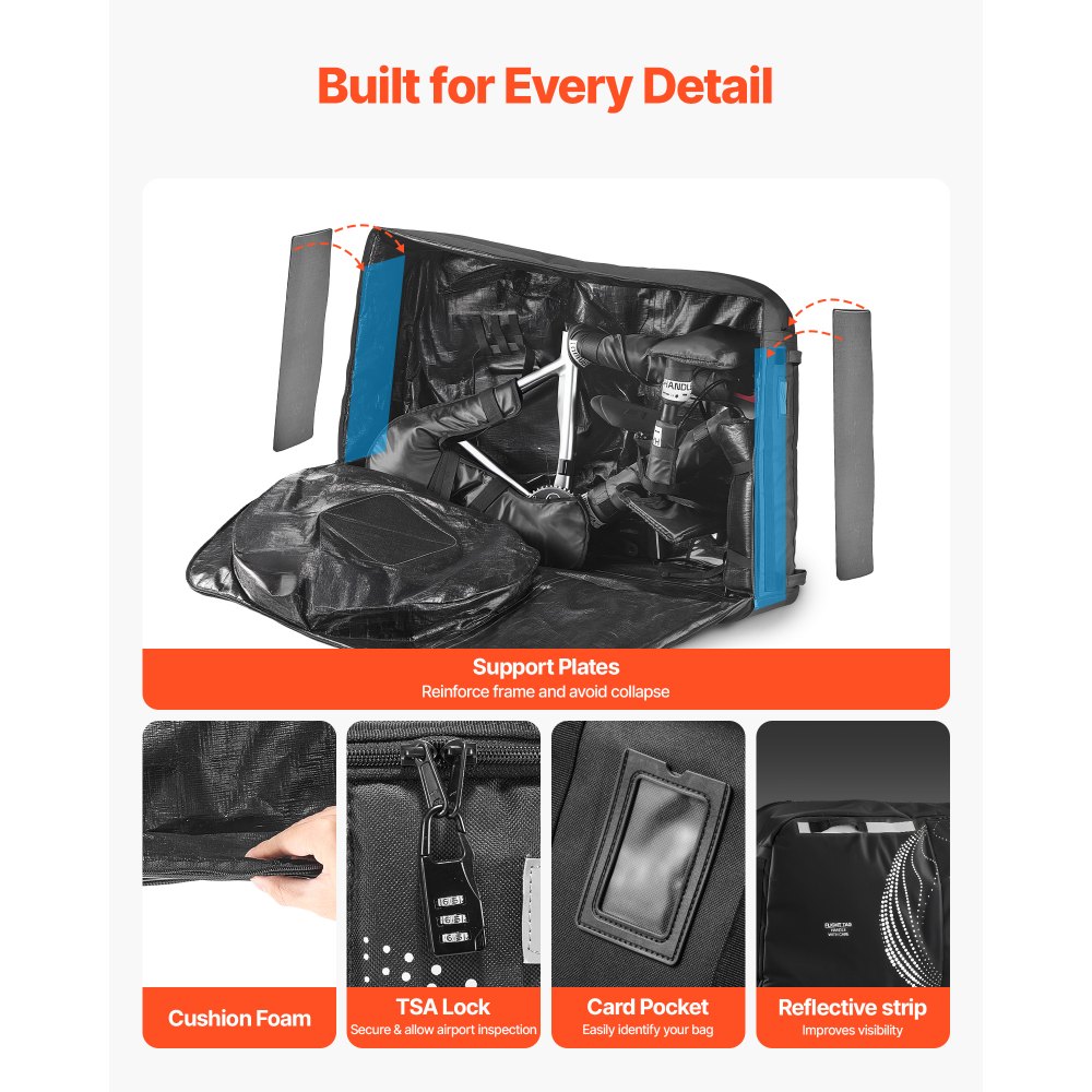 VEVOR Bike Travel Bag, Transport Universal Bicycle Storage Case Bag with TSA Lock, Support Plates, Protection and Fork Mount Stabilisation, Bicycle Case Max. Wheelbase 130 cm for Airplane, Outdoor Use