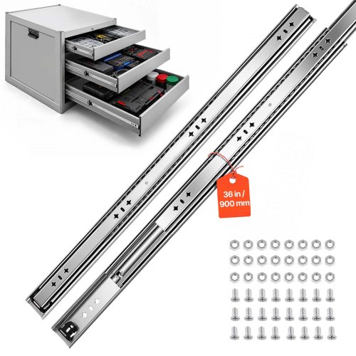 VEVOR 1 Paar Schubladenschienen 90cm Auszugsschienen mit 120kg Tragkraft, Schubladenauszug zur Seitenmontage für Zuhause, Vollauszug 3-teilig, Kohlenstoffstahl, Kugellager, mit Muttern & Schrauben