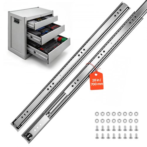 VEVOR 1 Paar Schubladenschienen 70cm Auszugsschienen mit 120kg Tragkraft, Schubladenauszug zur Seitenmontage für Schränke, 3-teiliger Vollauszug, Kohlenstoffstahl, Kugellager, mit Muttern & Schrauben