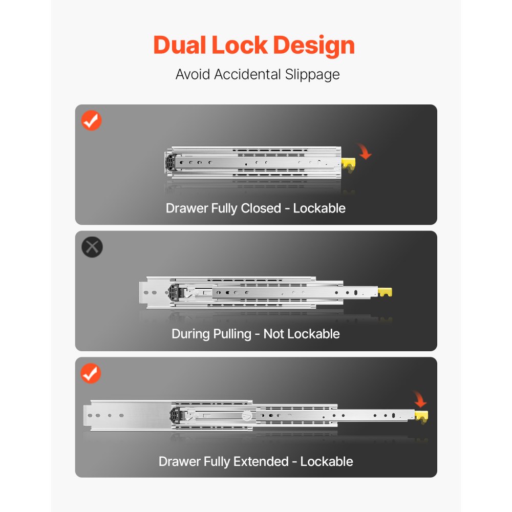 VEVOR drawer slide with full extension, 508 mm, lockable drawer slide, 1 pair, load capacity 226.8 kg, side-mounted slide rail with ball bearing and locking mechanism