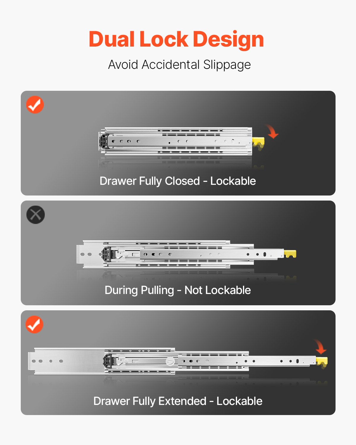 VEVOR drawer slide with full extension, 558 mm, lockable drawer rail, telescopic slides, 1 pair, load capacity 226.8 kg, side-mounted slide rail with ball bearing and locking mechanism