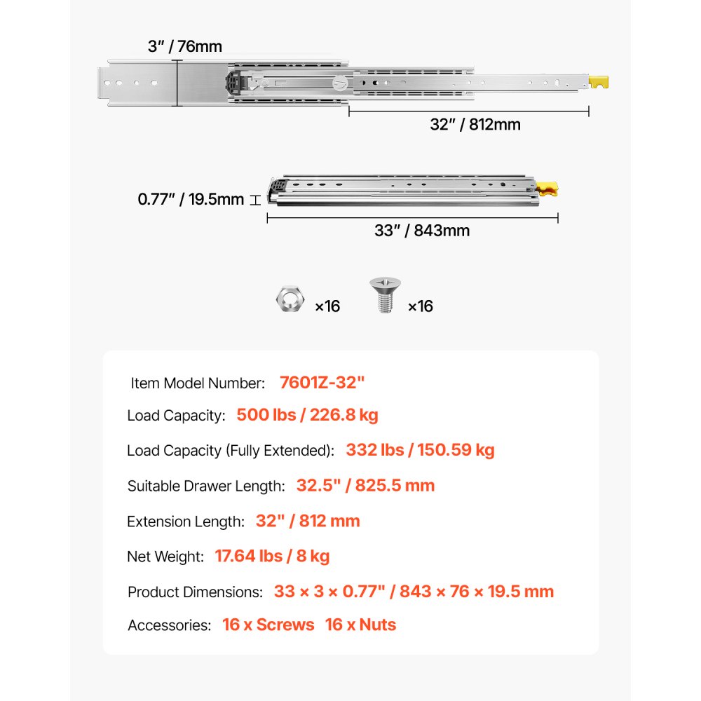VEVOR 1 Paar Schubladenschienen mit Vollauszug 812 mm, 226 kg Tragkraft, Schubladenführungen, Kugellager mit Sperre, seitlich montierte Teleskopschienen, ideal für Schränke, Industrieschubladen