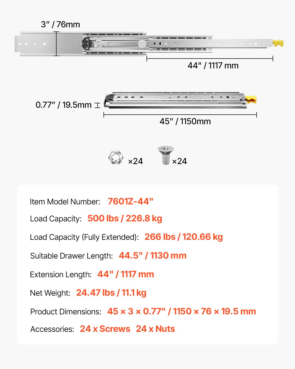 VEVOR 1 pair of full-extension drawer slides, 1117 mm, 226 kg load capacity, drawer guides, ball bearings with locking mechanism, side-mounted telescopic slides for shelves, cabinets, industrial drawers