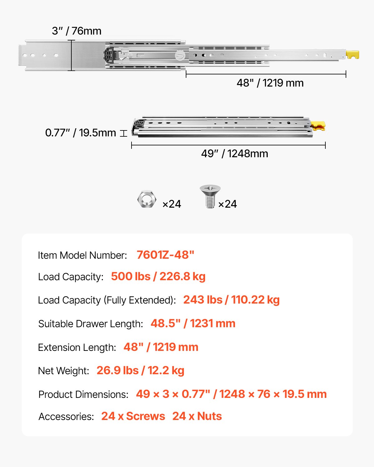 VEVOR 1 Paar Schubladenschienen mit Vollauszug 1219 mm, 226 kg Tragkraft, Schubladenführungen, Doppelverriegelungsdesign, seitlich montierte Teleskopschienen für Regale, Schränke, Industrieschubladen