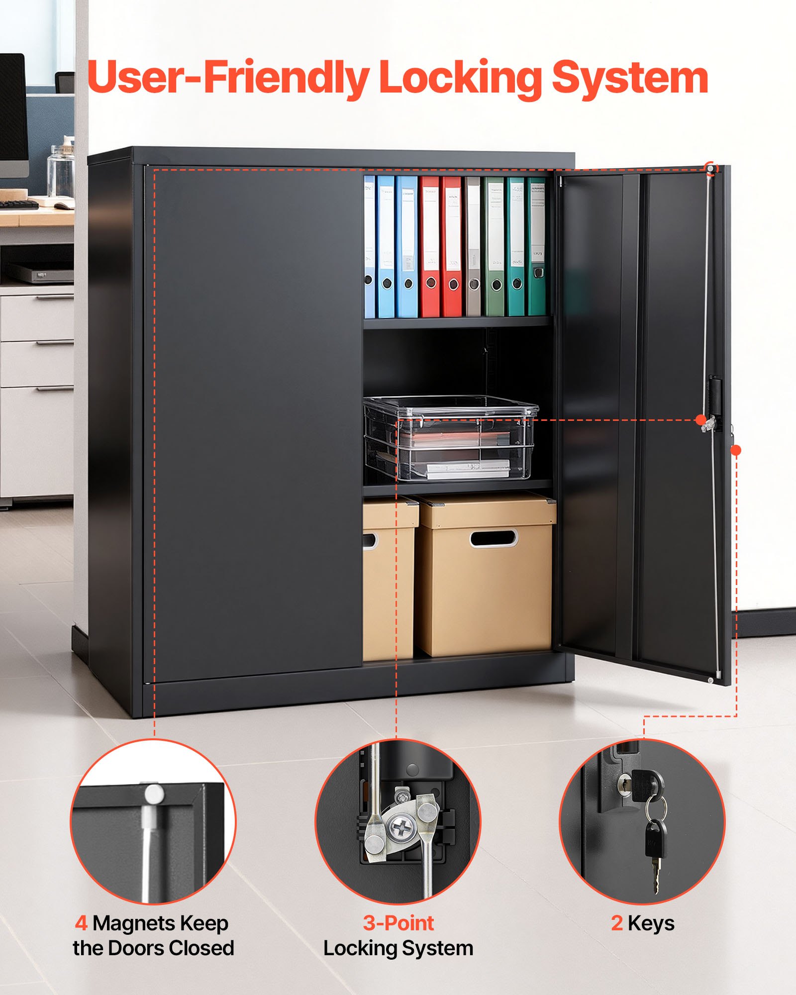 VEVOR Metallschrank Aufbewahrungsschrank 3 Ebenen, 106 cm Hoher Garagenschrank mit verstellbaren Einlegeböden & 2 Magnettüren & 2 Schlüsseln, Geeignet für Speisekammer Lagerhalle Keller Schwarz