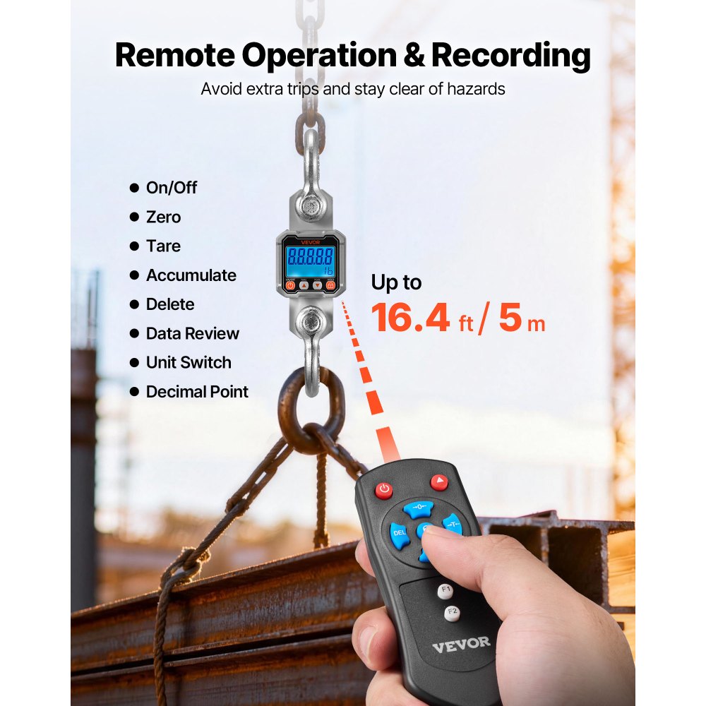 VEVOR Digital Crane Scale, 6600 lbs/3000 kg Max Capacity, Heavy Duty Industrial Hanging Scale with Cast Aluminum Case & LCD Display, 500 g Division & 3 Unit Switch, Remote Control for Garage Factory