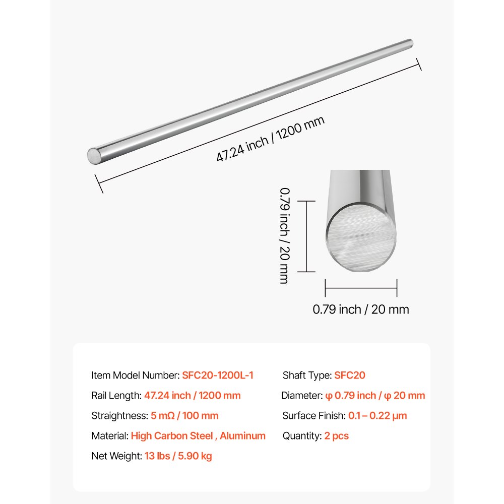 VEVOR Linearwellen, 20x1200 mm, Präzisionswelle aus SFC20-Kohlenstoffstahl, rostfrei & hochpräzise, Welle mit hoher Härte, Runde Stange für Schneid-, Schleif-, Fräs- & Bohrmaschinen, 2er-Pack