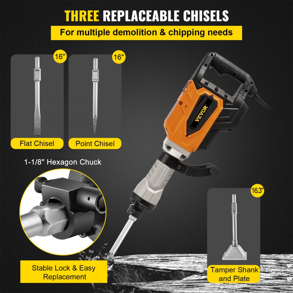 VEVOR Elektrischer Abbruchhammer Stemmhammer 4500 W Leistung Schlaghammer 1800 Bpm Betonbrecher 40,7 cm Flachmeißel und Spitzmeißel