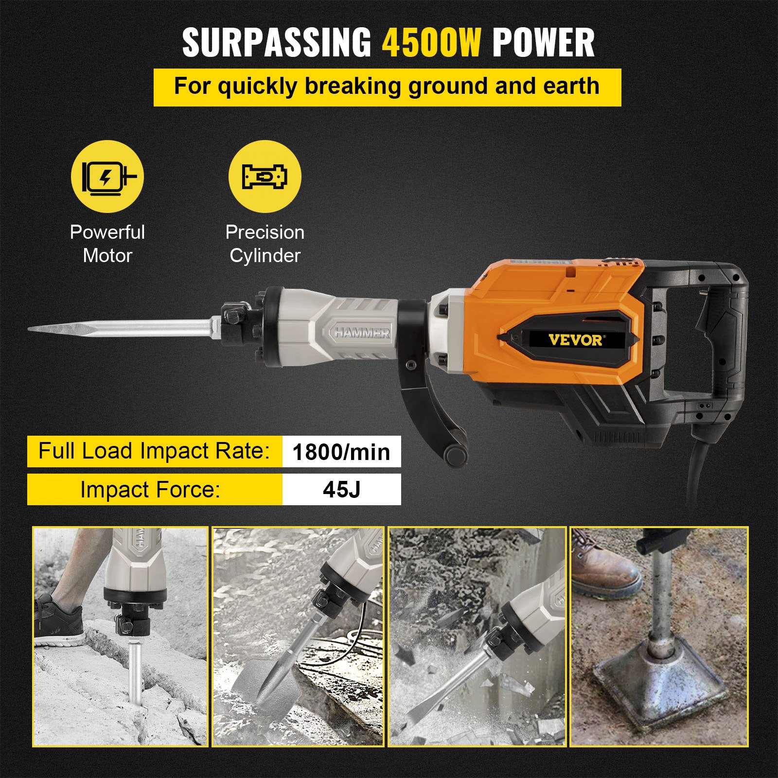 VEVOR Elektrischer Abbruchhammer Stemmhammer 4500 W Leistung Schlaghammer 1800 Bpm Betonbrecher 40,7 cm Flachmeißel und Spitzmeißel