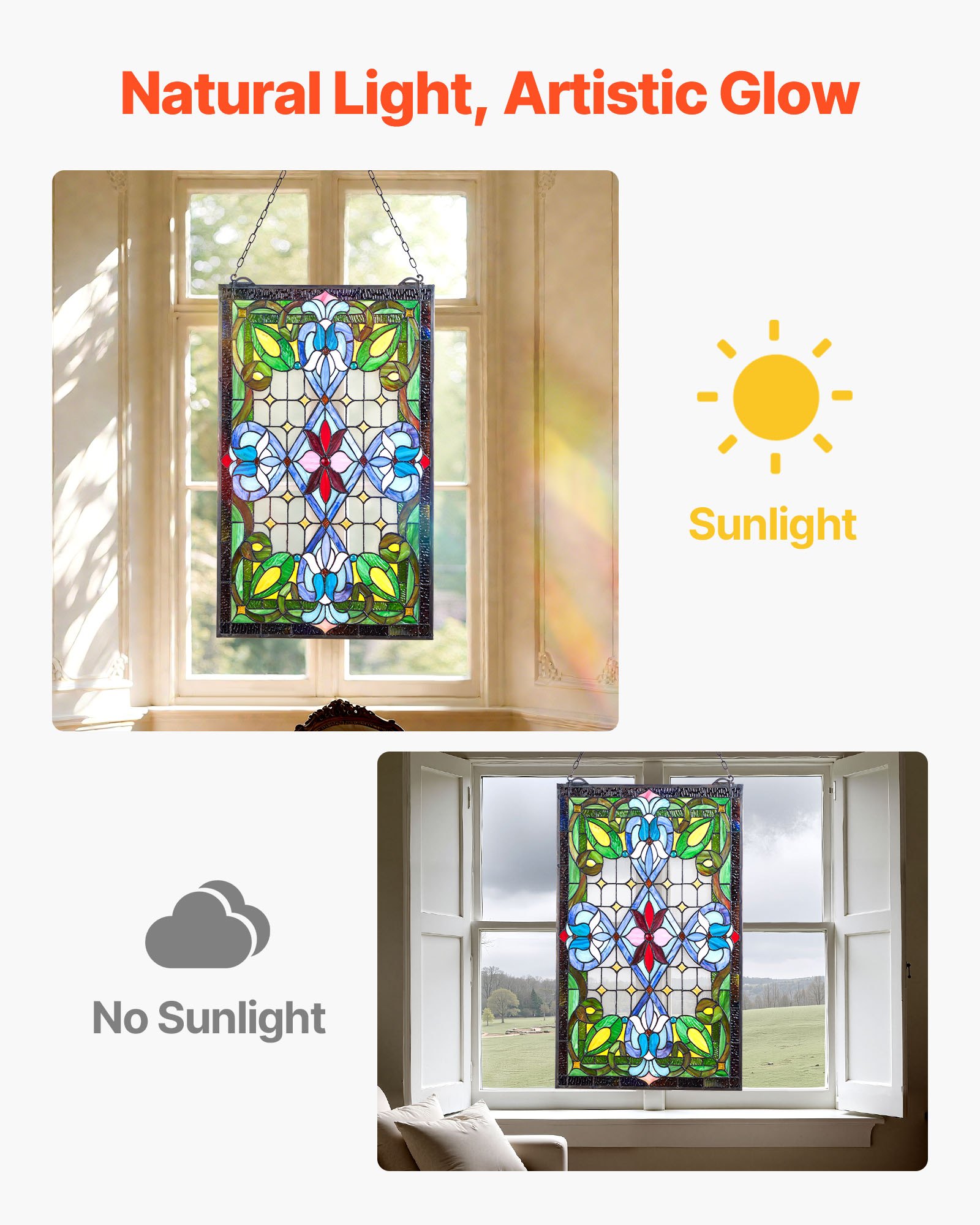 VEVOR Stained Glass Window Panel, 433 x 731 mm, Tiffany Style Hanging Transom Window Panel with Chain, Large Vertical Rectangle Stain Glass, Vintage Traditional Art Handcrafts for Kitchen Home Decor