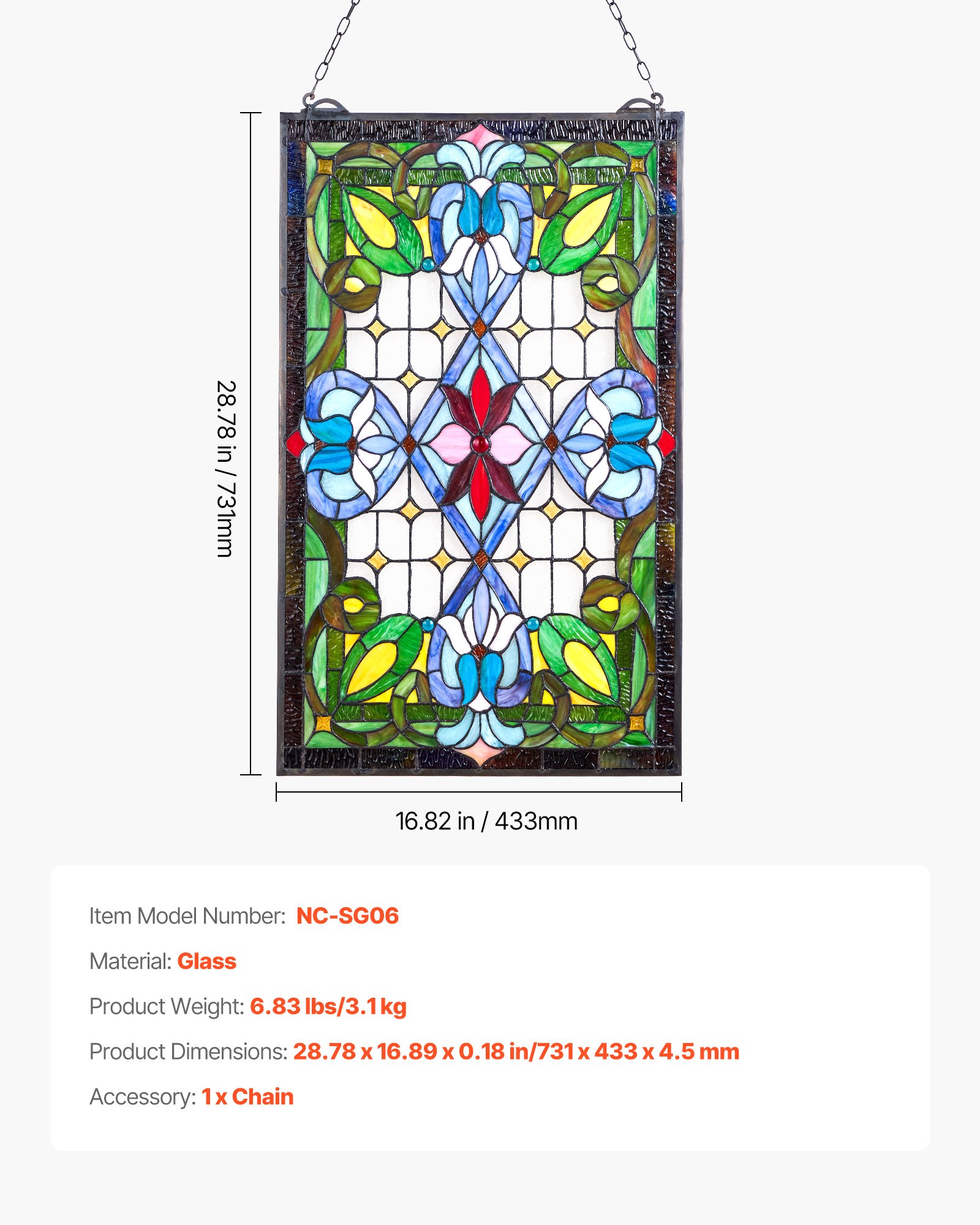 VEVOR Stained Glass Window Panel, 433 x 731 mm, Tiffany Style Hanging Transom Window Panel with Chain, Large Vertical Rectangle Stain Glass, Vintage Traditional Art Handcrafts for Kitchen Home Decor