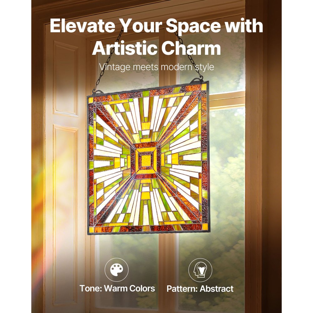 VEVOR Buntglasfensterpaneel (501 x 527 mm) hängendes Buntglas mit Kette, Buntglas im Tiffany-Stil zum Aufhängen, traditionelles rechteckiges Vintage-Kunsthandwerk Fensterdekor für Küche & Kirchen