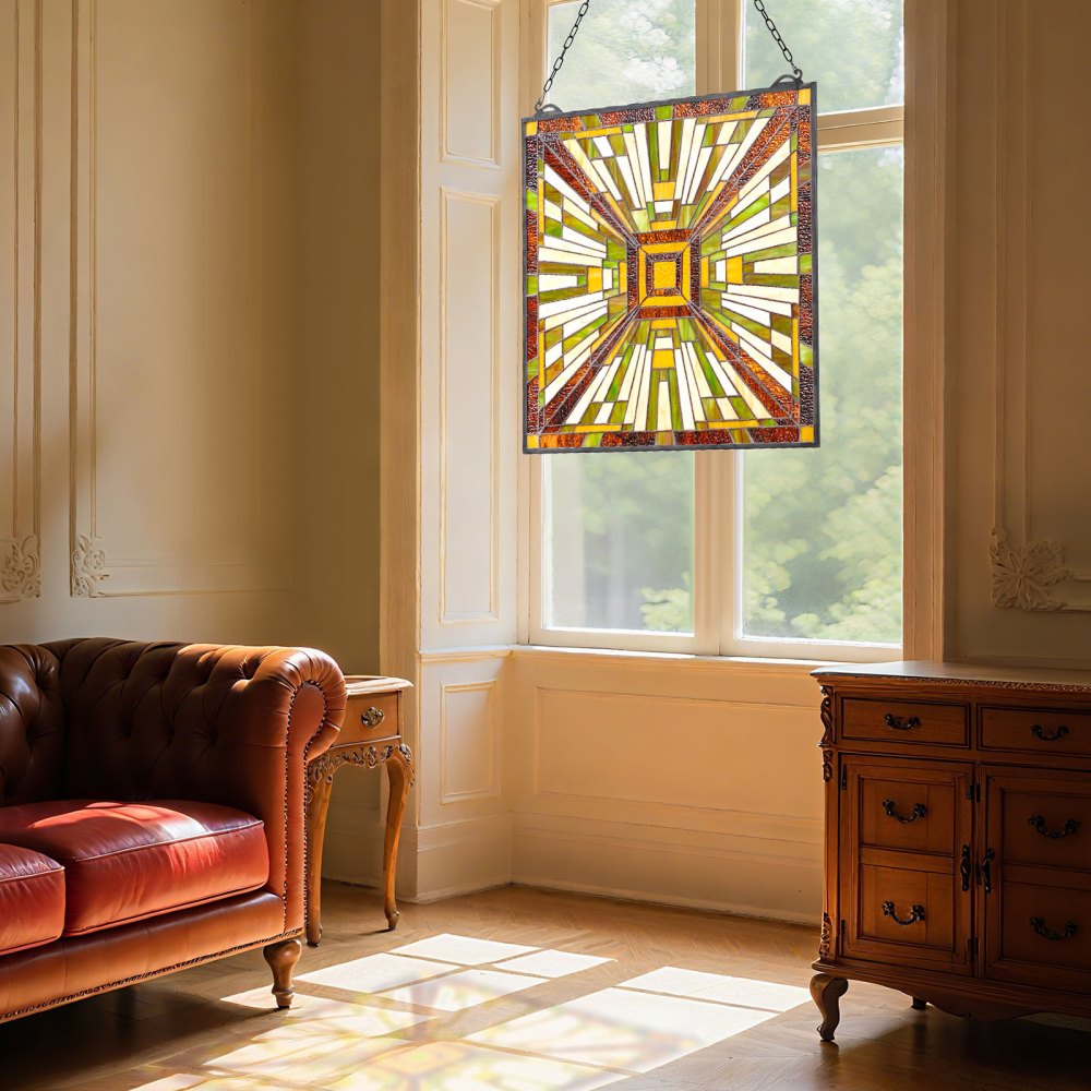 VEVOR Buntglasfensterpaneel (501 x 527 mm) hängendes Buntglas mit Kette, Buntglas im Tiffany-Stil zum Aufhängen, traditionelles rechteckiges Vintage-Kunsthandwerk Fensterdekor für Küche & Kirchen