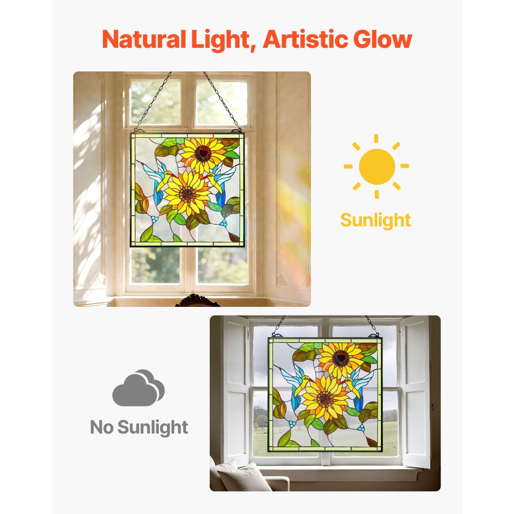 VEVOR Buntglasfensterpaneel (502 x 520 mm) hängendes Buntglas mit Kette, Buntglas im Tiffany-Stil zum Aufhängen, traditionelles rechteckiges Vintage-Kunsthandwerk Fensterdekor für Küche & Kirchen