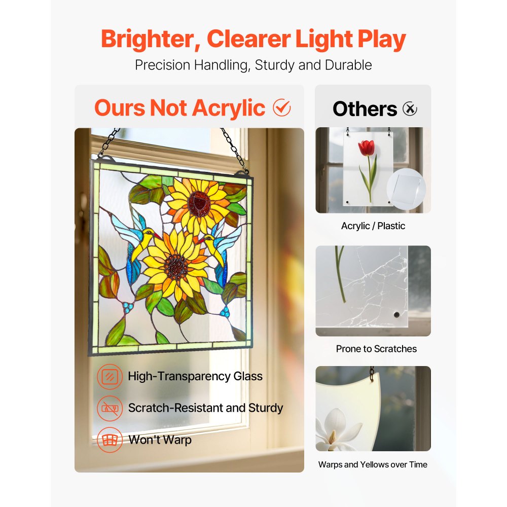 VEVOR Buntglasfensterpaneel (502 x 520 mm) hängendes Buntglas mit Kette, Buntglas im Tiffany-Stil zum Aufhängen, traditionelles rechteckiges Vintage-Kunsthandwerk Fensterdekor für Küche & Kirchen