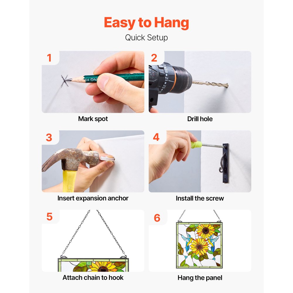 VEVOR Stained Glass Window Panel, 502 x 520 mm, Tiffany Style Hanging Transom Window Panel with Chain, Large Vertical Rectangle Stain Glass, Vintage Traditional Art Handcrafts for Kitchen Home Decor