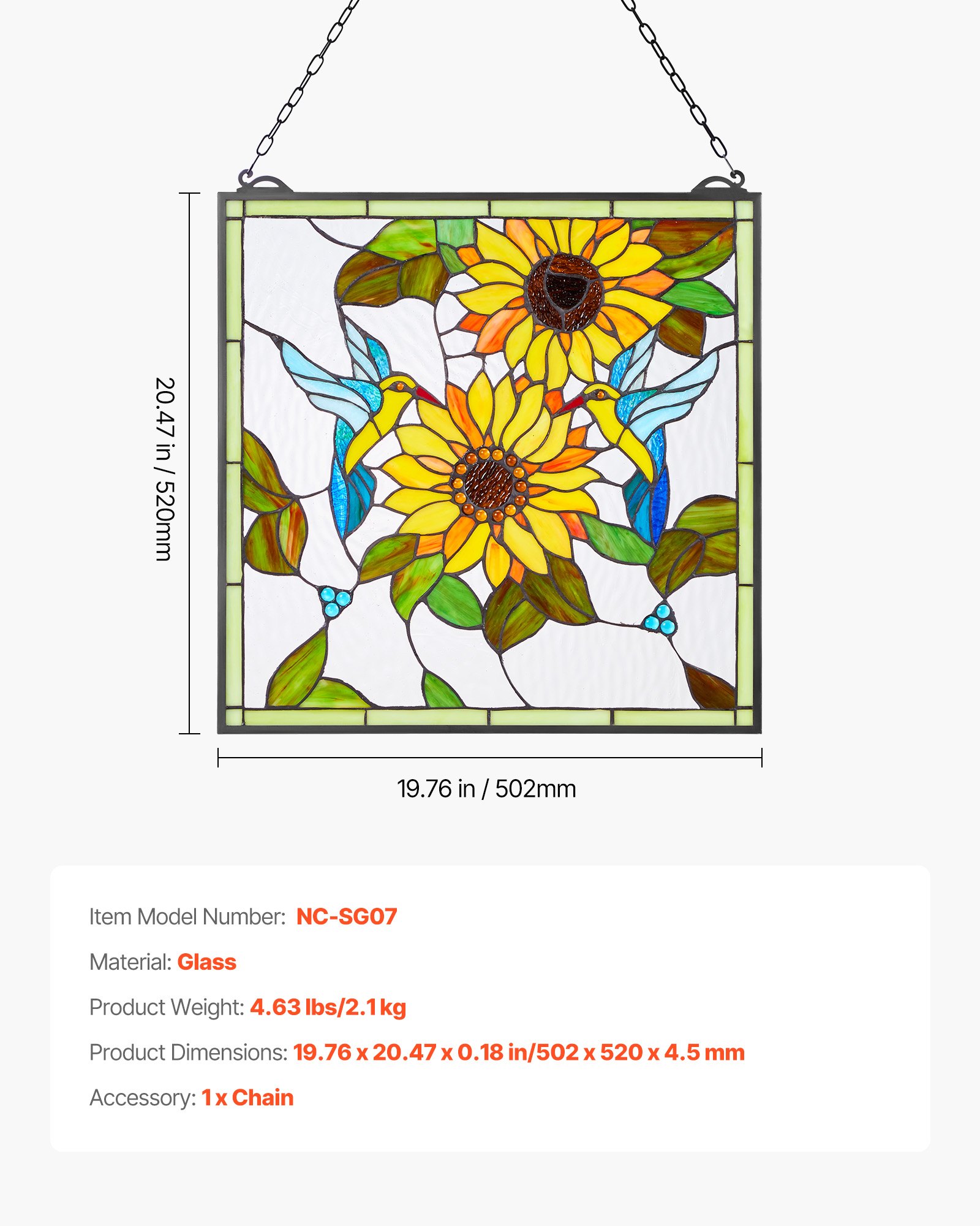 VEVOR Buntglasfensterpaneel (502 x 520 mm) hängendes Buntglas mit Kette, Buntglas im Tiffany-Stil zum Aufhängen, traditionelles rechteckiges Vintage-Kunsthandwerk Fensterdekor für Küche & Kirchen