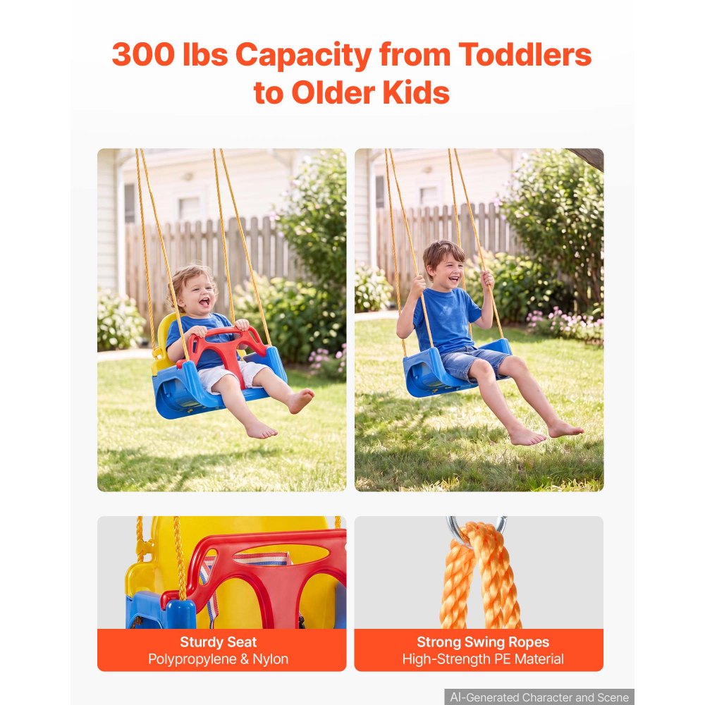 VEVOR 3-in-1 Babyschaukelsitz Tragkraft 136 kg Kinderschaukel Rot/Gelb/Blau, für Spielplätze Indoor & Outdoor, mit Verstellbaren Seilen & Karabinerhaken, für Kinder ab 6 Monaten, CE-& CPC-Zertifiziert