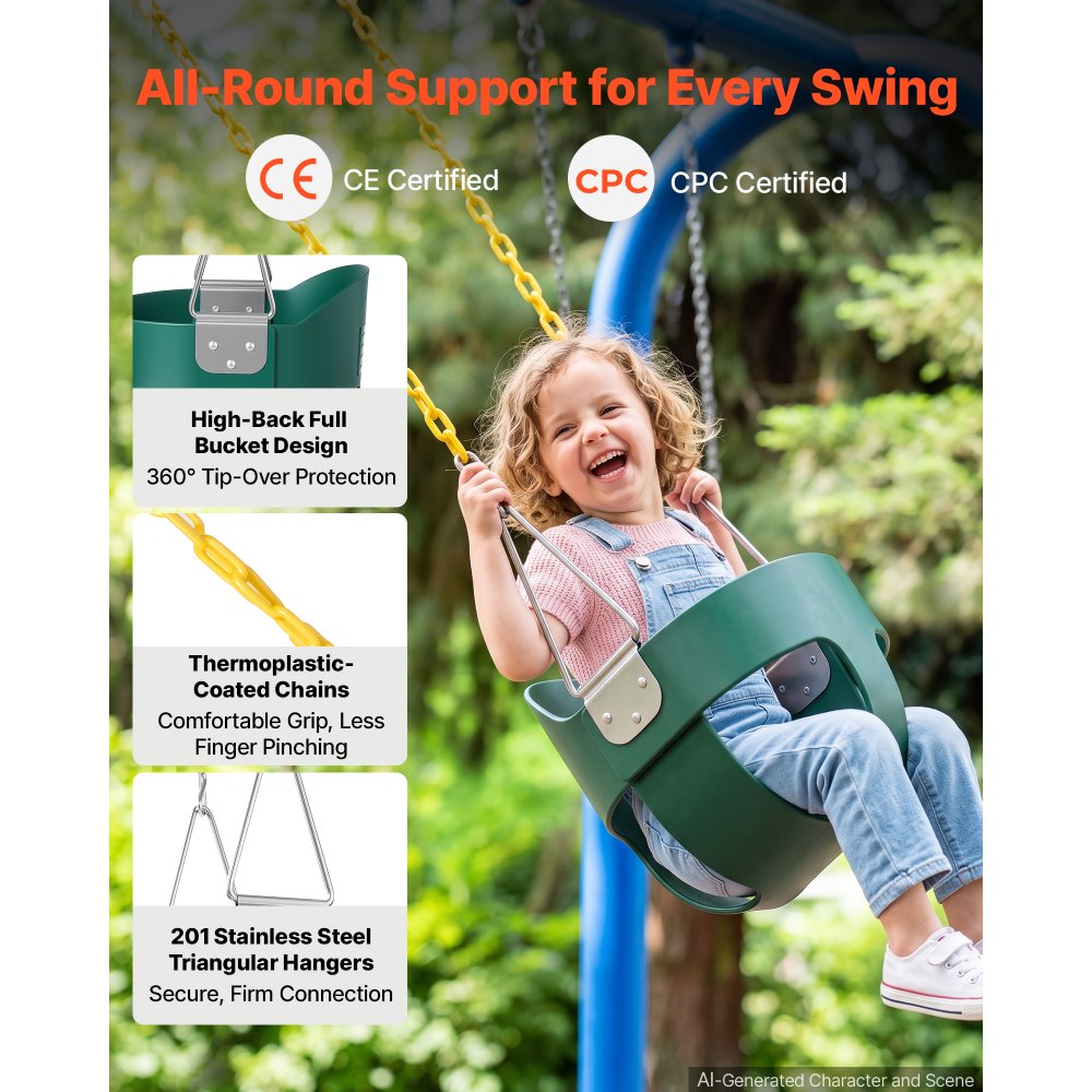 VEVOR Kinderschaukel 136 kg Schaukel Hohe Rückenlehne Vollschalensitz Grün, für Spielplätze im Garten & Indoor, Beschichtete Ketten & Karabiner, Komplett Montierter Sitz für Kinder ab 3 Jahren, CE/CPC