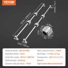 VEVOR Linearführungsschienen-Set, SFC16 1000 mm, 2 Stück 39,4 Zoll/1000 mm SFC16-Führungsschienen, 4 Stück SC16-Gleitblöcke, 4 Stück Schienenstützen, Linearschienen und Lagersatz für automatisierte Ma
