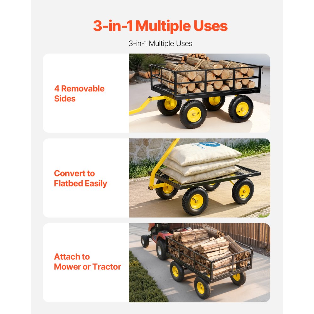 VEVOR Bollerwagen 544,31 kg, Transportwagen, Gartenwagen, Gerätewagen, 2-in-1-Handwagen mit All-Terrain-Reifen, abnehmbaren Seitenteilen aus Netzmaterial & um 180° drehbarem Griff, Gelb/Schwarz