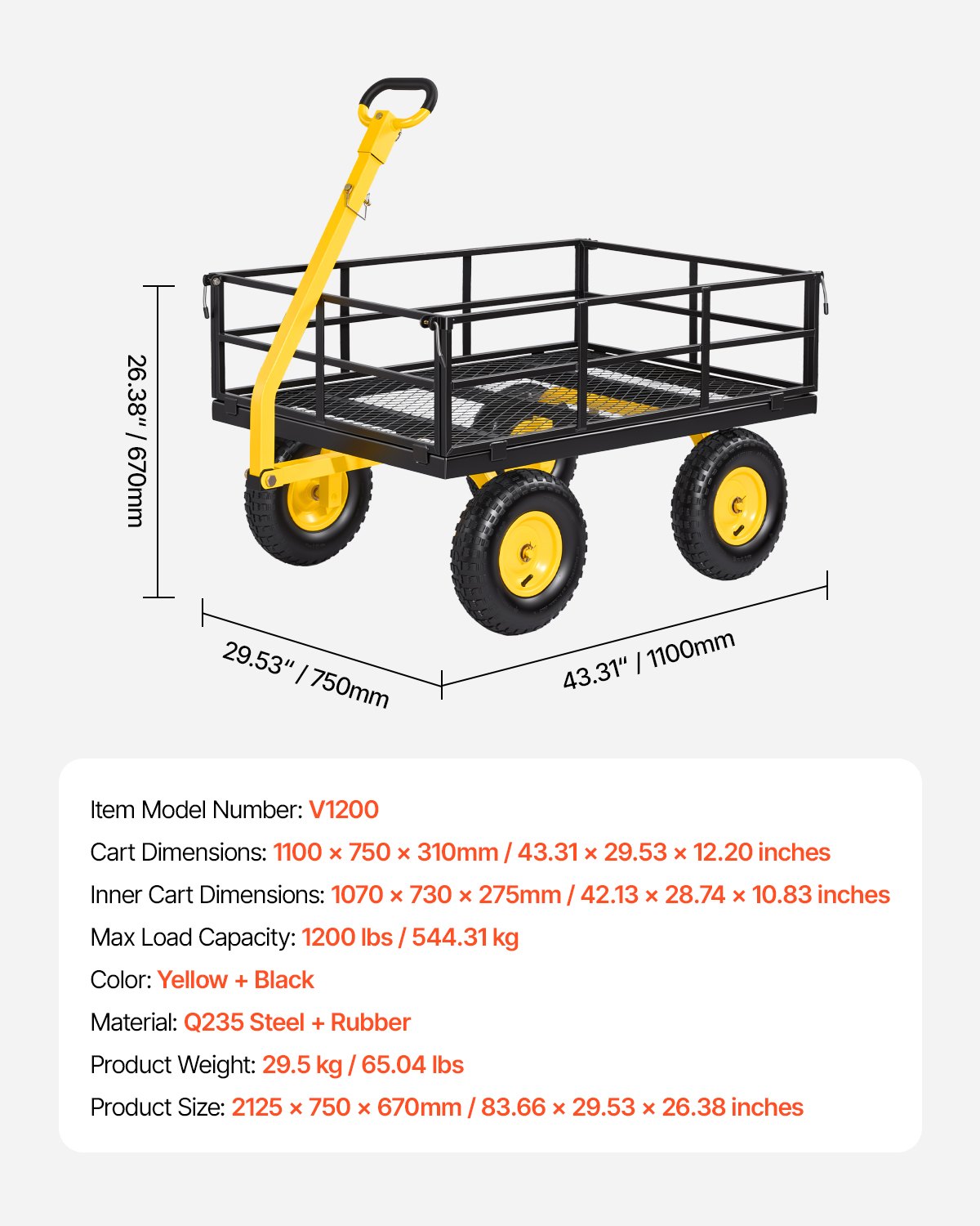 VEVOR Bollerwagen 544,31 kg, Transportwagen, Gartenwagen, Gerätewagen, 2-in-1-Handwagen mit All-Terrain-Reifen, abnehmbaren Seitenteilen aus Netzmaterial & um 180° drehbarem Griff, Gelb/Schwarz